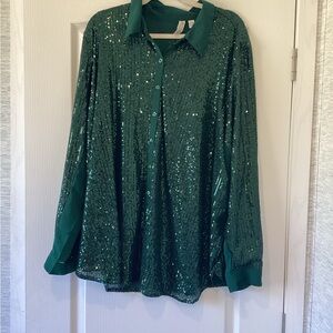 Cato Green Sequin Button-Up Blouse 26/28W BNWT